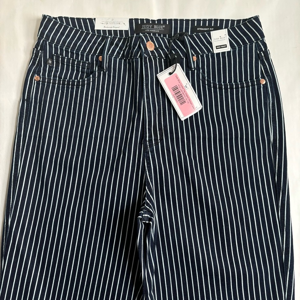 Judy Blue Tummy Control Striped Blue White Straight Leg Jeans Size 15/32 - Picture 7 of 17